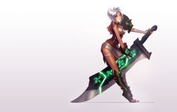  bandages belt blush boots breasts commentary english_commentary female gauntlets gloves highres huge_weapon kienan_lafferty league_of_legends medium_breasts riven_(league_of_legends) sarashi scar short_hair shoulder_pads solo sword toes weapon white_hair 