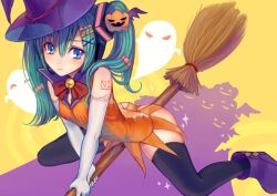  alternate_hairstyle ass bad_id bad_pixiv_id bell black_thighhighs blue_eyes bow broom elbow_gloves female food-themed_hair_ornament ghost gloves green_hair hair_ornament hair_over_shoulder hairclip halloween hat hatsune_miku jack-o&#039;-lantern jingle_bell long_hair photoshop_(medium) pumpkin pumpkin_hair_ornament solo straddling thighhighs twintails tyun vocaloid witch_hat 