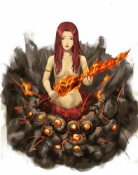  arachne armlet arthropod_girl censored chaos_witch_quelaag commentary_request dark_souls_(series) dark_souls_i female fire flaming_sword flaming_weapon hair_censor hair_over_breasts long_hair looking_at_viewer monster_girl nude red_hair shigumo_(shigeru) solo spider_girl sword taur weapon 