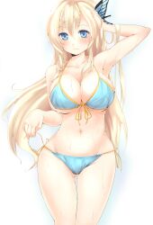  armpits ass_visible_through_thighs bikini blonde_hair blue_bikini blue_eyes boku_wa_tomodachi_ga_sukunai breasts butterfly_hair_ornament cleavage collarbone commentary_request curvy female front-tie_top groin hair_ornament halterneck hand_in_own_hair highres kashiwazaki_sena large_breasts long_hair navel side-tie_bikini_bottom simple_background solo standing string_bikini swimsuit thigh_gap tomohiro_kai underboob wet wide_hips 