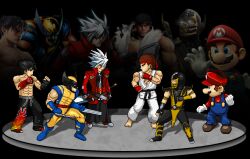  6+boys 6boys arc_system_works blazblue capcom crossover kazama_jin male male_focus mario mario_(series) marvel marvel_vs._capcom mortal_kombat multiple_boys nintendo pixel_art ragna_the_bloodedge ryu ryuu_(street_fighter) scorpion_(mortal_kombat) street_fighter super_mario_bros. super_smash_bros. tekken wolverine x-men 