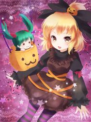  2girls :3 bad_id bad_pixiv_id blonde_hair bow bucket dress food-themed_hair_ornament green_hair hair_bobbles hair_ornament hairbow halloween in_bucket in_container jack-o&#039;-lantern kisume kurodani_yamame multiple_girls nunucco open_mouth pantyhose pumpkin pumpkin_hair_ornament short_hair smile striped_clothes striped_pantyhose touhou yellow_eyes 