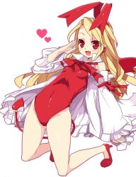  bare_legs bat_wings blonde_hair bow commentary_request demon_tail detached_sleeves disgaea female flat_chest flonne flonne_(fallen_angel) full_body hair_ribbon heart kneeling leotard long_hair makai_senki_disgaea red_eyes red_leotard red_wings ribbon salute shoes smile solo tail tail_bow tail_ornament wings yunomi_(p-3-q) 