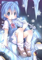  absurdres bad_id bad_pixiv_id bird blue_bow blue_eyes blue_hair blue_skirt blush bow bow_(music) cirno female hairbow highres icicle implied_pantyshot instrument looking_at_viewer open_mouth penguin sakuraba_hikaru_(loveindog) shirt sitting skirt solo touhou violin |_| 