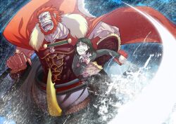  2boys armor bad_id bad_pixiv_id beard bob_cut cape chariot command_spell facial_hair fate/zero fate_(series) fur_trim iskandar_(fate) male_focus multiple_boys necktie open_mouth ousder red_hair tears teeth waver_velvet 