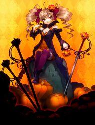  2011 argyle_background bow breasts brown_hair cleavage commentary_request detached_sleeves dress drill_hair female food-themed_hair_ornament hair_ornament hairbow halloween highres jack-o&#039;-lantern long_hair looking_at_viewer medium_breasts original pumpkin pumpkin_hair_ornament purple_eyes purple_thighhighs sitting smile solo sword tamachi_kuwa thighhighs tombstone tsurime twin_drills twintails weapon 