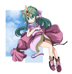  bare_legs circlet commentary_request female fire_emblem fire_emblem:_mystery_of_the_emblem full_body green_eyes green_hair hair_ribbon long_hair n_(ruff) pointy_ears ponytail ribbon scarf shoes sidelocks skirt solo tiki_(fire_emblem) tiki_(young)_(fire_emblem) 