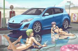  2girls ahoge ass bare_legs barefoot bikini car commentary_request feet gas_pump gas_station glasses green_hair grey_hair hose innertube legs long_hair lying mazda mazda_3 mazda_axela md5_mismatch motor_vehicle multiple_girls navel on_side on_stomach original outdoors purple_hair red-framed_eyewear reflection resolution_mismatch short_hair source_larger swim_ring swimsuit tantaka vehicle_focus water 