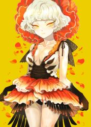  bad_id bad_pixiv_id bare_shoulders black_gloves breasts cleavage collarbone dress eyelashes female flower gloves green_eyes highres inzup light_smile looking_to_the_side medium_breasts original petals photoshop_(medium) short_hair silver_hair simple_background smile solo yellow_background 