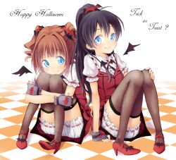  2girls bad_id bad_pixiv_id blue_eyes checkered_floor chika_(orange_pop) dress ganaha_hibiki halloween happy_halloween high_heels idolmaster idolmaster_(classic) multiple_girls my_dear_vampire_(idolmaster) ponytail shoes sitting smile takatsuki_yayoi thighhighs twintails 