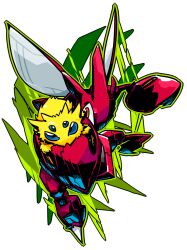  blue_eyes claws commentary_request fighting_stance joltik looking_at_viewer no_humans orange_eyes pokemon pokemon_(creature) pose scizor sido_(slipknot) simple_background white_background 