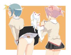  2girls ^^^ accio animal_print ass assisted_exposure back back-print_panties bad_id bad_pixiv_id bear_panties bear_print blue_eyes blue_hair camera clothes_lift commentary hair_ornament hair_ribbon hairclip kaname_madoka kyuubee mahou_shoujo_madoka_magica mahou_shoujo_madoka_magica_(anime) miki_sayaka mitakihara_school_uniform multiple_girls panties pink_hair print_panties ribbon school_uniform short_twintails shouryuuken skirt skirt_flip skirt_lift twintails underwear uppercut 