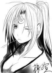  ahoge baiken breasts cleavage commentary_request drinking_straw facepaint female greyscale guilty_gear japanese_clothes kimono medium_breasts monochrome mouth_hold one-eyed ponytail sayamai_miyabi scar scar_across_eye scar_on_face signature solo upper_body 