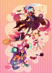  2boys 2girls akiyoshi_(tama-pete) animal_hat ball_and_chain_restraint bandages bat_(animal) blonde_hair blue_eyes blue_hair bow broom brown_eyes candy cape commentary_request dress flower food ghost halloween hat highres hood kagamine_len kagamine_rin kaito_(vocaloid) lantern meiko_(vocaloid) multiple_boys multiple_girls pumpkin red_hair rose scissors scythe short_hair skull socks striped_clothes striped_thighhighs stuffed_animal stuffed_toy tail thighhighs vocaloid witch witch_hat 