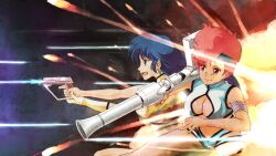  armband banned_artist battle bazooka blue_eyes blue_hair breasts cleavage cleavage_cutout dark_skin dirty_pair duel earrings energy_gun explosion firing gloves gun handgun headband jewelry kei_(dirty_pair) laser_beam medium_breasts midriff multiple_girls nigiriushi pistol ray_gun red_eyes red_hair single_glove weapon yuri_(dirty_pair) 