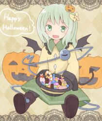  argyle_background blush candy chocolate commentary_request demon_tail demon_wings eyeball female food food-themed_hair_ornament green_eyes green_hair grey_hair hair_ornament halloween happy_halloween hat hat_basket heart holding holding_clothes holding_hat jack-o&#039;-lantern komeiji_koishi oerba_yun_fang open_mouth pumpkin pumpkin_hair_ornament short_hair skirt solo sun_hat tail third_eye touhou unworn_hat unworn_headwear wings yamase yellow_background 