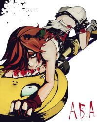  a.b.a bad_id bad_pixiv_id bags_under_eyes bandages blood chains eyeshadow female fingerless_gloves gloves guilty_gear hair_over_one_eye key key_in_head makeup object_through_head paracelsus_(guilty_gear) red_hair short_hair solo toriyasuiyo 