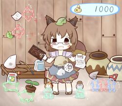  abacus animal_crossing animal_ears bad_id bad_pixiv_id brown_eyes brown_hair female flip-flops full_body futatsuiwa_mamizou glasses leaf leaf_on_head paper parody pince-nez pot raccoon_ears raccoon_girl raccoon_tail sandals shop short_hair shovel solo south114 sparkle tail touhou 