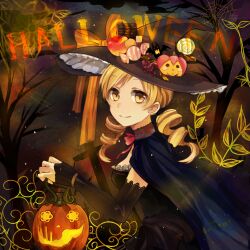  alternate_costume bad_id bad_pixiv_id blonde_hair candy cape chocolate drill_hair elbow_gloves female fingerless_gloves food food-themed_hair_ornament gloves hair_ornament halloween hat jack-o&#039;-lantern mahou_shoujo_madoka_magica mahou_shoujo_madoka_magica_(anime) pumpkin pumpkin_hair_ornament ribbon smile solo tomoe_mami tomoyami twin_drills twintails witch_hat yellow_eyes 