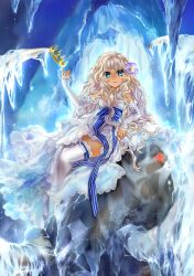  absurdres blue_eyes cave commentary_request crown detached_sleeves dress elf female flower frozen hair_flower hair_ornament highres ice icicle kingchenxi looking_at_viewer original pointy_ears ribbon sitting sleeves_past_wrists solo thighhighs tusks white_hair white_thighhighs 