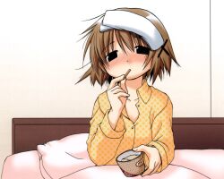  aoki_ume bed blush brown_hair female fever food hair_ornament hairclip hidamari_sketch highres ice_cream imageboard_desourced non-web_source official_art pajamas photoshop_(medium) pillow scan short_hair solo towel towel_on_head x_hair_ornament yuno_(hidamari_sketch) 