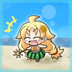  ^_^ blonde_hair blush_stickers chibi closed_eyes commentary_request female flower food_print hair_flower hair_ornament long_hair promia solo taiyou_no_promia wand watermelon_print yanagi_(nurikoboshi) 