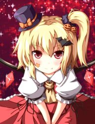  ascot bat_(animal) blonde_hair blush commentary_request female flandre_scarlet food-themed_hair_ornament hair_ornament halloween hat jack-o&#039;-lantern oerba_yun_fang ominaeshi_(takenoko) pumpkin pumpkin_hair_ornament red_eyes ribbon short_hair side_ponytail skirt smile solo star_(symbol) touhou wings 