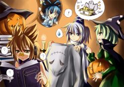  ! 4girls ? bandages blue_hair book box bracelet brown_eyes brown_hair candle cape commentary_request costume dress earmuffs ghost green_dress green_eyes green_hair grey_eyes grey_hair hair_ornament hair_rings hair_stick halloween hat hole jack-o&#039;-lantern japanese_clothes jewelry kaku_seiga langlang mononobe_no_futo multiple_girls open_mouth photoshop_(medium) pumpkin short_hair smile soga_no_tojiko star_(symbol) tate_eboshi touhou toyosatomimi_no_miko vest witch_hat 