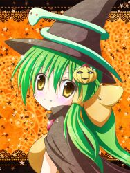  alternate_costume alternate_hairstyle alternate_headwear blush cape commentary_request female food-themed_hair_ornament green_hair hair_ornament hair_tubes hat jack-o&#039;-lantern kochiya_sanae oerba_yun_fang orange_background osashin_(osada) ponytail pumpkin pumpkin_hair_ornament smile snake solo star_(symbol) starry_background touhou witch_hat yellow_eyes 