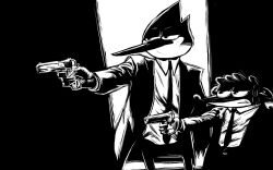  16:10 anthro avian beak better_version_at_source bird black_and_white black_background blue_jay cartoon_network clothed clothing corvid duo fully_clothed gun handgun holding_object holding_weapon jay_(bird) m1911 male mammal monochrome mordecai_(regular_show) new_world_jay oscine passerine pistol procyonid pulp_fiction raccoon ranged_weapon regular_show rigby_(regular_show) simple_background spizzyfizz star_model_b suit weapon widescreen 