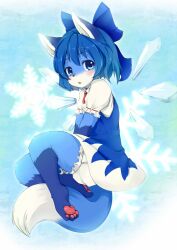  avoid_posting black_nose blue_eyes blue_hair blush bottomwear canid canine cirno clothed clothing dress fox hair hindpaw ka looking_at_viewer mammal pawpads paws short_hair skirt snowflake solo touhou wings 