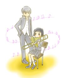  1boy black_hair blush_stickers chair commentary_request female grey_hair hand_in_pocket instrument jacket lowres matsunaga_ayane musical_note narukami_yuu natio open_clothes open_jacket persona persona_4 school_uniform serafuku short_hair sitting skirt trombone yasogami_school_uniform 