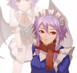  2girls ascot bad_id bad_pixiv_id bat_wings blood blush bow braid corset hairbow inset izayoi_sakuya kurione_(zassou) light_purple_hair looking_away maid_headdress multiple_girls nosebleed purple_hair red_eyes remilia_scarlet scarf short_hair simple_background skirt skirt_tug standing sweatdrop torn_wings touhou twin_braids upper_body wings wrist_cuffs 