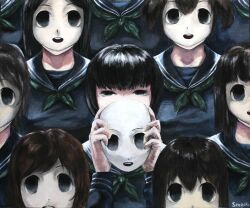  6+girls black_eyes black_hair commentary_request empty_eyes expressionless hecatoncheir horror_(theme) mask multiple_girls odd_one_out original school_uniform serafuku sgk short_hair signature symbolism 