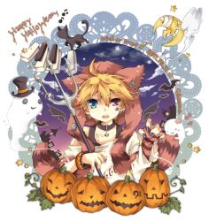  1boy 96mame bat_(animal) blonde_hair commentary_request dated feline ghost halloween happy_halloween hat hat_with_ears heterochromia jack-o&#039;-lantern kagamine_len male_focus moon musical_note open_mouth photoshop_(medium) polearm pumpkin solo top_hat trick_or_treat trident vocaloid weapon 