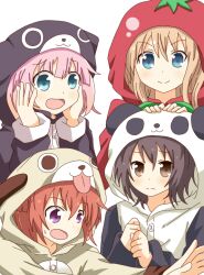  &gt;:) 4girls :o akaza_akari animal_costume black_hair blonde_hair blue_eyes brown_eyes cat_costume clenched_hands commentary_request dog_costume funami_yui hands_on_own_cheeks hands_on_own_face mii0512 multiple_girls panda_costume pink_hair purple_eyes red_hair smile tomato tomato_costume tongue toshinou_kyouko v-shaped_eyebrows yoshikawa_chinatsu yuru_yuri 