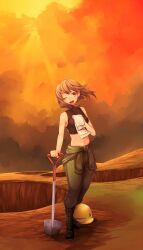  bare_shoulders boots brown_eyes brown_hair clothes_around_waist commentary_request female hagiwara_yukiho hard_hat helmet highres hitoto hole idolmaster idolmaster_(classic) jacket jacket_around_waist midriff navel one_eye_closed open_mouth short_hair shovel sky sleeveless sleeveless_turtleneck smile solo sports_bra standing sunset sweat turtleneck unworn_headwear unworn_helmet wind 