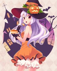  argyle_background backless_outfit bare_shoulders bat_(animal) black_gloves bloomers blush cake choker commentary_request eating female food food-themed_hair_ornament gloves hair_ornament halloween hat heart jack-o&#039;-lantern light_purple_hair long_hair looking_back nemou open_mouth orange_skirt original photoshop_(medium) pumpkin pumpkin_hair_ornament red_eyes skirt solo underwear witch_hat 