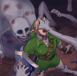  1boy arm_grab bad_id bad_pixiv_id belt blonde_hair covering_own_eyes dead_hand earrings gloves hand_on_another&#039;s_face hand_on_another&#039;s_neck hat horror_(theme) hylian_shield jewelry leg_grab link lowres master_sword multiple_hands neck_grab no_pupils open_mouth pants shield shirt shiwashiwa_no_kinchakubukuru smile standing sword teeth the_legend_of_zelda the_legend_of_zelda:_ocarina_of_time tunic weapon 