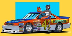  :3 absurdres animal_ears animal_ears_helmet animal_nose black_fur black_hair body_fur breasts car cat_ears cat_tail chevrolet chevrolet_lumina cleavage collarbone daytona_usa female furry furry_female goodyear green_eyes helmet highres hornet_(daytona_usa) looking_ahead medium_breasts motor_vehicle nascar orange_pants original pants race_vehicle racecar sega shadow short_hair sitting smile tail unworn_headwear unworn_helmet vee_(427deer) vehicle_focus 