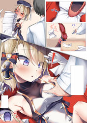  ! !? &gt;_&lt; 1boy @_@ accidental_pervert azur_lane beret black_gloves blue_eyes buttons commander_(azur_lane) cross double-breasted elbow_gloves epaulettes female gloves hand_on_another&#039;s_chest hat highres iron_cross light_brown_hair long_sleeves manatu_kato military military_uniform ribbon touching_another&#039;s_chest uniform white_gloves white_ribbon z23_(azur_lane) 