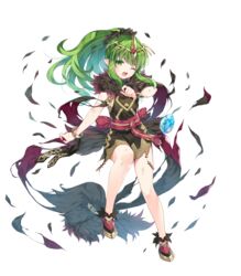  belt bracelet closed_mouth dress female fingernails fire_emblem fire_emblem:_mystery_of_the_emblem fire_emblem_heroes floating floating_object full_body fur_trim gold_trim green_eyes green_hair hair_ornament highres jewelry long_hair miwabe_sakura non-web_source official_art one_eye_closed open_mouth ponytail shiny_skin shoes short_dress sleeveless solo stone tiara tiki_(fire_emblem) tiki_(young)_(fire_emblem) torn_clothes transparent_background 