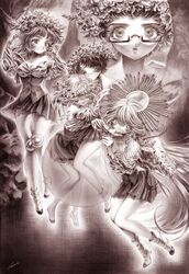  5girls angel angel_wings asymmetrical_wings aya_carmine bobby_socks braid breasts cleavage closed_eyes collared_shirt doll_joints flower_wreath full_body glasses graphite_(medium) greyscale halo head_wreath highres hug joints leaf_wings long_hair looking_at_viewer medium_breasts meguro_miyuki mismatched_wings monochrome multiple_girls off_shoulder pleated_skirt sayonara_wo_oshiete shirt shoes short_hair side_braids skirt socks sugamo_mutsuki takada_nozomi tamachi_mahiru tendril thighhighs traditional_media ueno_koyori underbust uwabaki very_long_hair vest wavy_hair wings zettai_ryouiki 