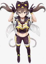  :3 breasts brown_eyes brown_hair cat_mask closed_mouth commentary_request crop_top double_v duel_monster earpiece fake_tail female floating_hair full_body gloves groin hair_between_eyes hands_up i:p_masquerena ishii_(young-moon) jacket large_breasts long_hair looking_at_viewer mask midriff multicolored_pants multicolored_shirt navel open_clothes open_jacket pants purple_gloves purple_pants purple_shirt see-through see-through_jacket shirt short_sleeves sidelocks simple_background smile solo standing tail tight_clothes tight_pants twintails v white_background yu-gi-oh! 