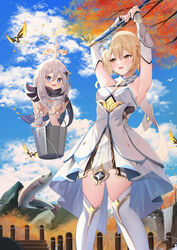  2girls absurdres armpits bare_shoulders black_gloves blonde_hair blue_eyes blue_sky blush boots branch breasts bucket bug bush butterfly cloud cloudy_sky crystal crystal_hair_ornament crystalfly_(genshin_impact) day detached_sleeves dress drooling ekidona fence fishing_rod flower flying genshin_impact gloves grey_dress grey_hair hair_between_eyes hair_ornament halo highres holding holding_bucket holding_fishing_rod long_sleeves looking_at_another looking_to_the_side lumine_(genshin_impact) medium_breasts mountain multiple_girls open_mouth outdoors paimon_(genshin_impact) ribbon romper short_hair short_hair_with_long_locks sidelocks sky smile standing star_(symbol) tongue tree vision_(genshin_impact) water_drop white_dress white_flower white_footwear white_ribbon white_romper wide_sleeves wings yellow_butterfly yellow_eyes 