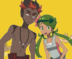  1boy 2others blush collarbone commentary_request dark-skinned_female dark-skinned_male dark_skin female flower green_eyes green_hair hair_flower hair_ornament kiawe_(pokemon) looking_at_viewer mallow_(pokemon) masso_n multicolored_hair multiple_others no_nipples open_mouth outline pokemon pokemon_sm pushing red_hair sweat topless_male two-tone_hair v-shaped_eyebrows very_dark_skin white_outline yellow_background 