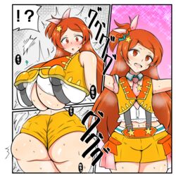  ass bad_anatomy blush breast_expansion breasts commission covered_nipples doketto female flat_chest highres huge_breasts huge_nipples idolmaster idolmaster_million_live! lactation long_hair ogami_tamaki one_side_up orange_eyes orange_hair pixiv_commission shorts solo suspenders transformation underboob 