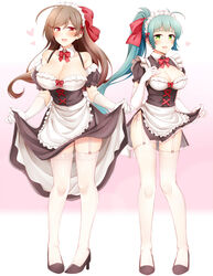  2girls :d ahoge alternate_costume apron black_dress black_footwear blush breasts brown_eyes brown_hair cleavage clothes_lift collarbone commentary detached_collar dress dress_lift elbow_gloves enmaided full_body garter_straps gloves green_eyes green_hair hair_ribbon heart high_heels highres irako_(kancolle) kantai_collection large_breasts lifting_own_clothes long_hair maid maid_apron maid_headdress mamiya_(kancolle) md5_mismatch medium_dress multiple_girls open_mouth ponytail red_ribbon ribbon rui_shi_(rayze_ray) short_dress short_sleeves smile standing thighhighs underbust white_apron white_gloves white_legwear 