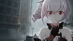  bare_shoulders black_dress black_gloves bronya_zaychik bronya_zaychik_(black_nucleus) city close-up crying crying_with_eyes_open dress drill_hair elbow_gloves female gloves grey_hair grey_sky hair_ornament highres honkai_(series) honkai_impact_3rd looking_at_viewer open_mouth outdoors rain red_eyes sky sleeveless sleeveless_dress solo tears third-party_source wet 