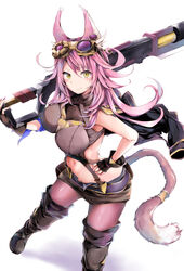  absurdres animal_ears bare_shoulders boots breasts coat coat_on_shoulders commentary_request duel_monster female fingerless_gloves gloves goggles highres kuromiko_shoujo large_breasts long_hair looking_at_viewer midriff navel pink_hair shorts sleeveless solo tail tail_ornament tail_ring thigh_boots thighhighs tri-brigade_ferrijit_the_barren_blossom weapon yellow_eyes yu-gi-oh! 